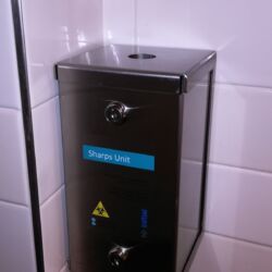 in a stainless steel box
In US, the container needs to be in red.